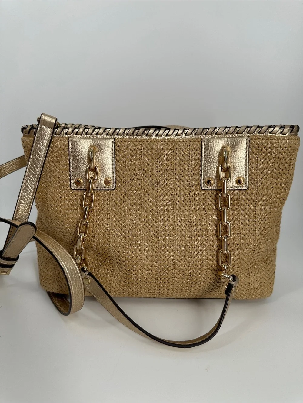 Michael Kors Woven Straw Basket Bag with Gold Trim